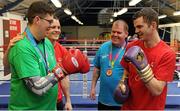 24 March 2016; Ireland's Olympic boxers have come out in force to show their support for Special Olympics Ireland ahead of the charity’s annual Collection Day next month on Friday, April 22nd. The boxers, who rank as some of Ireland’s most promising medal hopes at this summer’s Rio Olympics, welcomed athletes from Team Ireland to the Irish Athletic Boxing Association’s, IABA, High Performance Boxing Unit in Dublin yesterday, Wednesday 23rd. The boxers called on members of the public to dig deep on Collection Day, which is proudly supported by eir, as the charity seeks to raise €650,000 in 24 hours on April 22nd. Pictured are, from left to right, Keith Butler, Walkinstown, Co. Dublin, Special Olympics 800m Swimming Gold Medallist and fifth place in the 1500m Open Water, Darren O’Neill, Kilkenny, Co. Kilkenny, current Senior Heavyweight Champion and European Silver Medallist, Mark Duffy, Tallaght, Co. Dublin, Special Olympics Bronze medallist in 11-a-side football, and Adam Nolan, Wexford, Co. Wexford, former Irish Welterweight Champion. Boxing High Performance Unit, Dublin. Picture credit: Seb Daly / SPORTSFILE