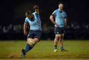 23 March 2016; Ross Byrne, UCD, kicks a penalty during the first half. Annual Rugby Colours, UCD v Trinity College Dublin, College Park, Trinity College, Dublin. Picture credit: Seb Daly / SPORTSFILE