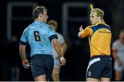 23 March 2016; Michael Cawley, UCD, is shown a yellow card by referee Cillian Hogan. Annual Rugby Colours, UCD v Trinity College Dublin, College Park, Trinity College, Dublin. Picture credit: Seb Daly / SPORTSFILE