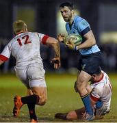 23 March 2016; Barry Daly, UCD, is tackled by Seb Fromm and Tim Maupin, Trinity College Dublin. Annual Rugby Colours, UCD v Trinity College Dublin, College Park, Trinity College, Dublin. Picture credit: Seb Daly / SPORTSFILE