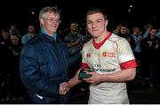 23 March 2016; Roddy Ryan, President of UCD, presents the Man of the Match award to Patrick Finlay, Trinity College Dublin. Annual Rugby Colours, UCD v Trinity College Dublin, College Park, Trinity College, Dublin. Picture credit: Seb Daly / SPORTSFILE