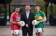 24 March 2016; Pictured is EirGrid representative David Martin with Stephen Cronin, Cork, and Jack Savage, Kerry, who were in Dublin to preview the EirGrid GAA U21 Leinster, Connacht and Munster Finals where Dublin take on Kildare, Roscommon will meet Mayo and Kerry will play Cork. Leeson Street Bridge, Dublin. Picture credit: Stephen McCarthy / SPORTSFILE