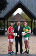 24 March 2016; Pictured is EirGrid representative David Martin with Stephen Cronin, Cork, and Jack Savage, Kerry, who were in Dublin to preview the EirGrid GAA U21 Leinster, Connacht and Munster Finals where Dublin take on Kildare, Roscommon will meet Mayo and Kerry will play Cork. Leeson Street Bridge, Dublin. Picture credit: Stephen McCarthy / SPORTSFILE