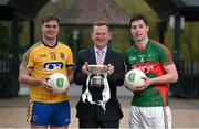 24 March 2016; Pictured is EirGrid representative David Martin with Ultan Harney, Roscommon, and Brian Reape, Mayo, who were in Dublin to preview the EirGrid GAA U21 Leinster, Connacht and Munster Finals where Dublin take on Kildare, Roscommon will meet Mayo and Kerry will play Cork. Herbert Park Hotel, Ballsbridge, Dublin. Picture credit: Stephen McCarthy / SPORTSFILE