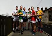 24 March 2016; Pictured are, from left, Mark Sherry, Kildare, Jack Savage, Kerry,  Andy Foley, Dublin, Brian Reape, Mayo, Stephen Cronin, Cork, and Ultan Harney, Roscommon, who were in Dublin to preview the EirGrid GAA U21 Leinster, Connacht and Munster Finals where Dublin take on Kildare, Roscommon will meet Mayo and Kerry will play Cork. Leeson Street Bridge, Dublin. Picture credit: Stephen McCarthy / SPORTSFILE