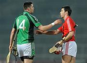 27 February 2010; Limerick's Paudie McNamara with Cork's Ronan Curran after the game. Allianz GAA Hurling Hurling National League Division 1 Round 2, Limerick v Cork, Gaelic Grounds, Limerick. Picture credit: Diarmuid Greene / SPORTSFILE