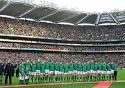 20 March 2010; The Ireland team stand for the National Anthem before the game, for the last time in Croke Park. RBS Six Nations Rugby Championship, Ireland v Scotland, Croke Park, Dublin. Picture credit: Brendan Moran / SPORTSFILE