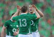 20 March 2010; Brian O'Driscoll, Ireland, is congratulated by team-mate Jamie Heaslip after scoring the opening try of the game. RBS Six Nations Rugby Championship, Ireland v Scotland, Croke Park, Dublin. Picture credit: Stephen McCarthy / SPORTSFILE