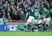 20 March 2010; Tommy Bowe, Ireland, reaches over to score Ireland's second try of the game. RBS Six Nations Rugby Championship, Ireland v Scotland, Croke Park, Dublin. Picture credit: Brendan Moran / SPORTSFILE
