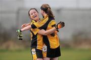 21 March 2010; Denise McKenna, left, and Niamh O'Sullivan, NUI Maynooth, celebrate at the final whistle. Giles Cup Final, NUI Maynooth v Waterford IT, St Clare's, DCU, Ballymun, Dublin. Picture credit: Brian Lawless / SPORTSFILE
