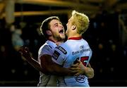 25 March 2016; Iain Henderson, left, Ulster, celebrates scoring his side's first try of the game with Stuart Olding. Guinness PRO12 Round 18, Glasgow Warriors v Ulster. Scotstoun, Glasgow, Scotland. Picture credit: Ross Parker / SPORTSFILE