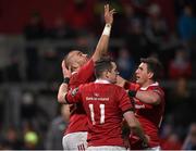 25 March 2016; Simon Zebo, Munster, celebrates after scoring his side's second try with team-mates Ronan O'Mahony and Ian Keatley. Guinness PRO12 Round 18, Munster v Zebre. Thomond Park, Limerick. Picture credit: Matt Browne / SPORTSFILE