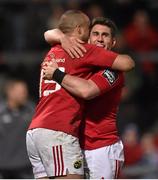 25 March 2016; Simon Zebo, Munster, is congratulated by team-mate Ian Keatley after scoring his second try against Zebre. Guinness PRO12 Round 18, Munster v Zebre. Thomond Park, Limerick. Picture credit: Matt Browne / SPORTSFILE