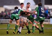 26 March 2016; Rhys Ruddock, Leinster, is tackled by Connacht players, from left, AJ MacGinty, Sean O'Brien and Aly Muldowney. Guinness PRO12, Round 18, Connacht v Leinster. The Sportsground, Galway. Picture credit: Stephen McCarthy / SPORTSFILE
