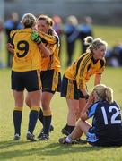21 March 2010; DCU's Christine Farrelly, left, and Niamh McEvoy celebrate as their team-mate Ciara McAnespie commiserates UUJ's Cathy Carey. O'Connor Cup Final, Dublin City University v University of Ulster Jordanstown, St Clare's, DCU, Ballymun, Dublin. Picture credit: Brian Lawless / SPORTSFILE