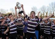 21 March 2010; Terenure College captain Rob Somerville and vice-captain Stephen O'Neill, left, lift the cup. Leinster Schools Junior Cup Final, St Michael's College v Terenure College, Donnybrook Stadium, Dublin. Picture credit: Pat Murphy / SPORTSFILE