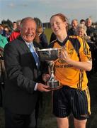 21 March 2010; DCU captain Shannon Quinn is presented with the cup by Pat Quill, Uachtarán Cumann Peil Gael na mBan. O'Connor Cup Final, Dublin City University v University of Ulster Jordanstown, St Clare's, DCU, Ballymun, Dublin. Picture credit: Brian Lawless / SPORTSFILE