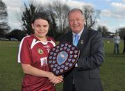 21 March 2010; NUIG's Niamh Hegarty is presented with the shield by Pat Quill, Uachtarán Cumann Peil Gael na mBan. O'Connor Shield Final, Queen's University Belfast v National University of Ireland, Galway, St Clare's, DCU, Ballymun, Dublin. Picture credit: Brian Lawless / SPORTSFILE