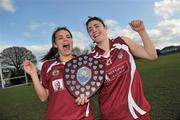 21 March 2010; NUIG's injured captain Ellanna Hackett, right, and team-mate Niamh Hegarty, celebrate with the shield. O'Connor Shield Final, Queen's University Belfast v National University of Ireland, Galway, St Clare's, DCU, Ballymun, Dublin. Picture credit: Brian Lawless / SPORTSFILE