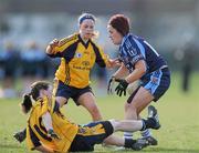 21 March 2010; Aileen Pyers, UUJ, in action against Lyndsey Davey and Sinead O'Mahony, centre, DCU. O'Connor Cup Final, Dublin City University v University of Ulster Jordanstown, St Clare's, DCU, Ballymun, Dublin. Picture credit: Brian Lawless / SPORTSFILE