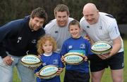 22 March 2010; Irish and Leinster rugby stars, Bernard Jackman, Sean O’Brien and Kevin McLaughlin lined out today to launch the Centra Rugby Summer Camps, 2010. The camps will take place in a range of venues throughout Leinster, Munster and Connacht in June, July and August giving rugby hopefuls a week long, action-packed and fun rugby experience. Registration for the Leinster Centra Summer Rugby Camps is currently open at www.leinsterrugby.ie. Registration for the Munster and Connacht Centra Summer Rugby Camps will begin in the coming weeks at www.munsterrugby.ie and www.connachtrugby.ie respectively. Pictured at the launch is Eoin Murtagh, left, and Kevin Traynor, aged 7, from Killiney, with Leinster players Kevin McLaughlin, left, Sean O'Brien and Bernard Jackman, right. David Lloyd Riverview, Clonskeagh, Dublin. Photo by Sportsfile