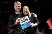 24 March 2010; Ronan Keating confirms entry to SPAR Great Ireland Run! When his sell-out world tour came to Dublin this week, singing superstar Ronan Keating took the time to receive his race number for this year's SPAR Great Ireland Run from his sister Linda, Fundraising Director of the Marie Keating Foundation, one of the Run's supported charities. Ronan's tour winds up in Malta on April 3rd and after a short family break he will be fit and raring to go in the Run on Sunday April 18th in the Phoenix Park. 8,000 people have already signed up for Ireland's fastest growing running event with entries available on-line at www.greatirelandrun.org or by calling 1890 930 139. All entrants will receive a technical T-shirt before the event. Other charities supported by the event are Our Lady's Hospice, Harold's Cross and the SPAR Charity of the Year, 3Ts -Turn the Tide of Suicide. The SPAR Great Ireland Run will be shown live on RTE Two. Pictured at the Great Ireland Run photocall is Ronan Keating with his sister Linda Keating. Grand Canal Theatre, Grand Canal Square, Docklands, Dublin. Picture credit: Brian Lawless / SPORTSFILE