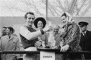 28 December 1970; Winning jockey Jimmy Uttley celebrates after he rode Persian War to victory. Sweeps Hurdle, Fairyhouse, Co. Meath. Picture credit: Connolly Collection / SPORTSFILE