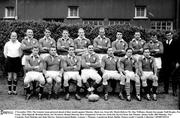 3 November 1962; The Leinster team pictured ahead of their match against Munster. Back row, from left, Match Referee Mr. Ray Williams, Ronnie Kavanagh, Niall Brophy, Pat Casey, Mick Hipwell, Brendan Doyle, Joe McAleese, Ronnie Dawson, Dave Fitzpatrick. Front row, from left, Kevin Flynn, Jim Thomas, Jimmy Kelly, Bill Mulcahy, Ned Carmody, Paul Mulcahy and John Murray. Interprovincial Rugby, Leinster v Munster, Lansdowne Road, Dublin. Picture credit: Connolly Collection / SPORTSFILE