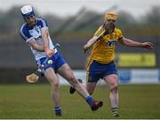 26 March 2016; Peter Treanor, Monaghan, in action against Jerry Fallon, Roscommon. Allianz Hurling League Division 3A Final, Roscommon v Monaghan, Fr. Tierney Park, Ballyshannon, Co. Donegal. Picture credit: Oliver McVeigh / SPORTSFILE