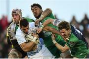 26 March 2016; Zane Kirchner, Leinster, is tackled by Eoin McKeon, left, Bundee Aki, centre, and Kieran Marmion, Connacht. Guinness PRO12, Round 18, Connacht v Leinster, Sportsground, Galway. Picture credit: Ramsey Cardy / SPORTSFILE