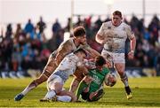 26 March 2016; AJ MacGinty, Connacht, is tackled by Ben Te'o, left, and Dominic Ryan, Leinster. Guinness PRO12, Round 18, Connacht v Leinster. The Sportsground, Galway. Picture credit: Stephen McCarthy / SPORTSFILE