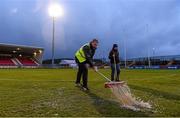 26 March 2016; Ground staff remove surface water from the pitch before the game. Allianz Football League, Division 2, Round 6, Tyrone v Armagh, Healy Park, Omagh, Co. Tyrone. Photo by Sportsfile