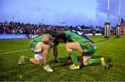 26 March 2016; Connacht's Bundee Aki, left, and Robbie Henshaw pray following their side's victory. Guinness PRO12, Round 18, Connacht v Leinster, Sportsground, Galway. Picture credit: Ramsey Cardy / SPORTSFILE