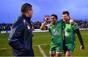 26 March 2016; Connacht head coach Pat Lam, left, congrtulates Bundee Aki, centre, and Robbie Henshaw following their victory. Guinness PRO12, Round 18, Connacht v Leinster, Sportsground, Galway. Picture credit: Ramsey Cardy / SPORTSFILE