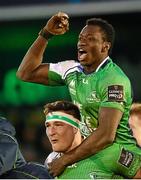 26 March 2016; Niyi Adeolokun, top, and James Connolly, Connacht, celebrate following their victory. Guinness PRO12, Round 18, Connacht v Leinster. The Sportsground, Galway. Picture credit: Stephen McCarthy / SPORTSFILE