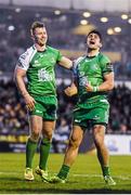 26 March 2016; Connacht's Matt Healy, left, and Tiernan O'Halloran celebrate at the final whistle. Guinness PRO12, Round 18, Connacht v Leinster, Sportsground, Galway. Picture credit: Ramsey Cardy / SPORTSFILE
