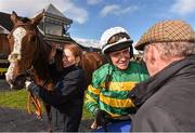 27 March 2016; Barry Geraghty talks with Frank Barrry, racing manager for J.P. McManus, after winning the Irish Stallions Farms European Breeders Fund Mares Novice Hurdle Championship Fina on Jer's Girl. Horse Racing at the Fairyhouse Easter Festival. Fairyhouse, Co. Meath. Picture credit: Cody Glenn / SPORTSFILE