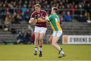 27 March 2016; Paul Greville, Westmeath, in action against Graham Guilfoyle, Offaly. Allianz Football League Division 3 Round 6, Westmeath v Offaly. TEG Cusack Park, Mullingar, Co. Westmeath. Picture credit: Seb Daly / SPORTSFILE