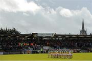 27 March 2016; Offaly players stand for the national anthem before the match. Allianz Football League Division 3 Round 6, Westmeath v Offaly. TEG Cusack Park, Mullingar, Co. Westmeath. Picture credit: Seb Daly / SPORTSFILE