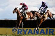27 March 2016; Kylemore Lough, right, with Barry Geraghty up, jumps the last alongside Outlander, with Bryan Cooper up, on their way to winning the Ryanair Gold Cup Novice Steeplechase. Horse Racing at the Fairyhouse Easter Festival. Fairyhouse, Co. Meath. Picture credit: Cody Glenn / SPORTSFILE