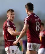 27 March 2016; Westmeath's Ger Egan, left, and Denis Corroon, congratulate each other following their victory over Offaly. Allianz Football League Division 3 Round 6, Westmeath v Offaly. TEG Cusack Park, Mullingar, Co. Westmeath. Picture credit: Seb Daly / SPORTSFILE