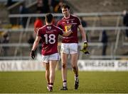 27 March 2016; Westmeath's John Egan, left, and Daragh Daly, congratulate each other following their victory over Offaly. Allianz Football League Division 3 Round 6, Westmeath v Offaly. TEG Cusack Park, Mullingar, Co. Westmeath. Picture credit: Seb Daly / SPORTSFILE