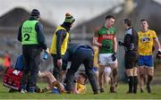 27 March 2016; Diarmuid O'Connor, Mayo, is spoken to  by referee Maurice Deegan after a clash for possession with Fintan Cregg, Roscommon. Allianz Football League Division 1 Round 6, Roscommon v Mayo. Dr Hyde Park, Roscommon.  Picture credit: Brendan Moran / SPORTSFILE