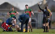 27 March 2016; Diarmuid O'Connor, Mayo, is shown a yellow card by referee Maurice Deegan after a clash for possession with Fintan Cregg, Roscommon. Allianz Football League Division 1 Round 6, Roscommon v Mayo. Dr Hyde Park, Roscommon.  Picture credit: Brendan Moran / SPORTSFILE