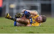 27 March 2016; Fintan Cregg, Roscommon, holds his leg after a clash with Diarmuid O'Connor, Mayo. Allianz Football League Division 1 Round 6, Roscommon v Mayo. Dr Hyde Park, Roscommon.  Picture credit: Brendan Moran / SPORTSFILE