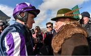 27 March 2016 Barry Geraghty talks to trainer Kerry Lee after winning the Ryanair Gold Cup Novice Steeplechase on Kylemore Lough. Horse Racing at the Fairyhouse Easter Festival. Fairyhouse, Co. Meath. Picture credit: Cody Glenn / SPORTSFILE