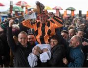 27 March 2016; Stag Tony Nash, from Brosna, Co. Kerry, is lifted shoulder high by his friends during the races. Horse Racing at the Fairyhouse Easter Festival. Fairyhouse, Co. Meath. Picture credit: Cody Glenn / SPORTSFILE