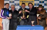27 March 2016; Barry Geraghty with Trainer Kerry Lee, right, and winning connections after winning the Ryanair Gold Cup Novice Steeplechase on Kylemore Lough. Horse Racing at the Fairyhouse Easter Festival. Fairyhouse, Co. Meath. Picture credit: Cody Glenn / SPORTSFILE