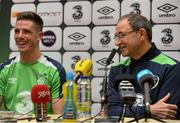 28 March 2016; Republic of Ireland manager Martin O'Neill with Ciaran Clark, left, during a press conference. Republic of Ireland Press Conference. National Sports Campus, Abbotstown, Dublin. Picture credit: David Maher / SPORTSFILE