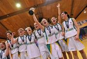 25 March 2010; St Mary's College players celebrate with the cup. U19C Girls - All-Ireland Schools League Finals 2010, St Mary's College, Arklow v Stella Maris Secondary School, Waterford, National Basketball Arena, Tallaght, Dublin. Picture credit: Brian Lawless / SPORTSFILE